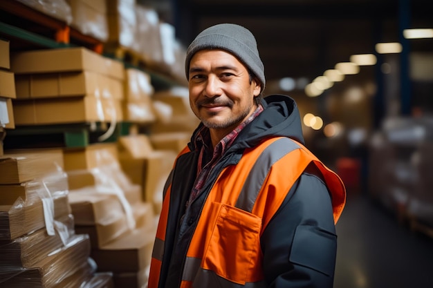 Man in orange vest and gray hat standing in front of shelf of boxes Generative AI