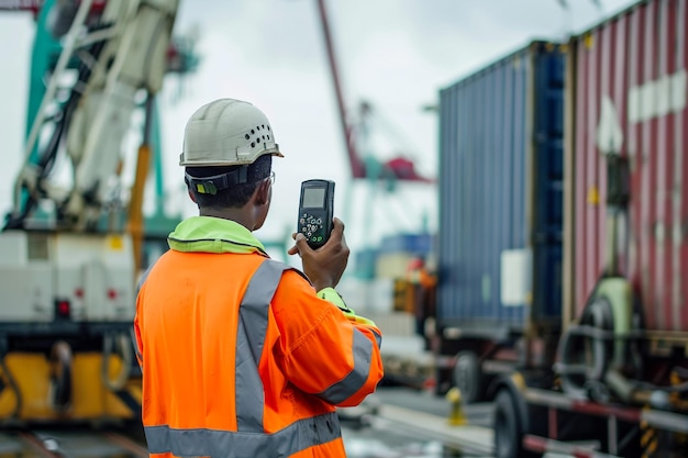 a man in an orange vest is holding a cell phone