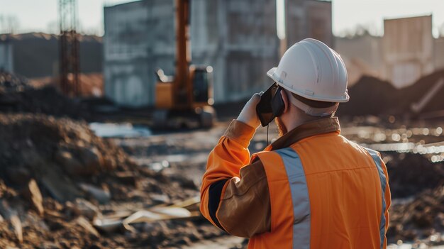 a man in an orange vest is talking on a cell phone