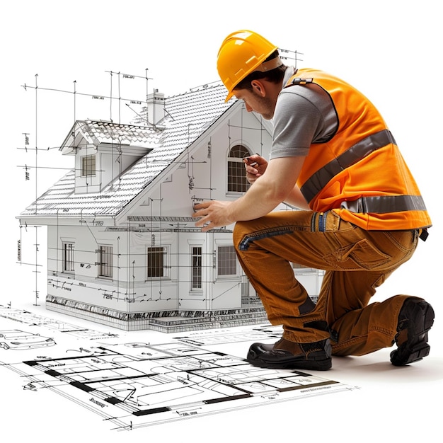 a man in orange vest is working on a white and black house