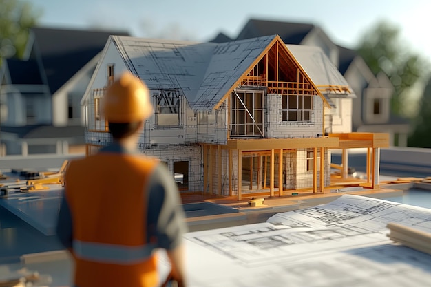 A man in an orange vest stands in front of a house under construction