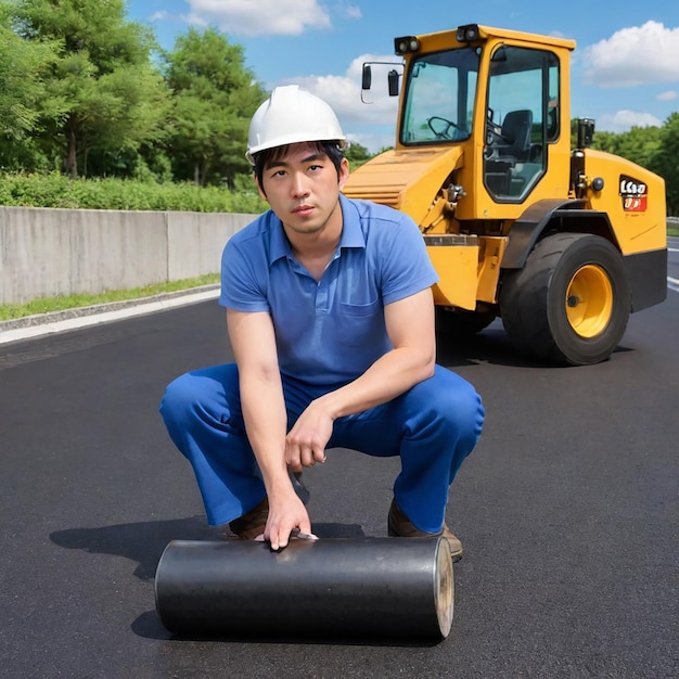 Photo man in an orange vest stands in the middle of a road with a yellow tractor