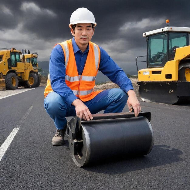 Photo man in an orange vest stands in the middle of a road with a yellow tractor