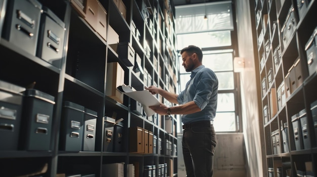 A man organizes files in a neatly arranged archive room the sunlight filtering through the windows symbolizing order and diligence in a work environment