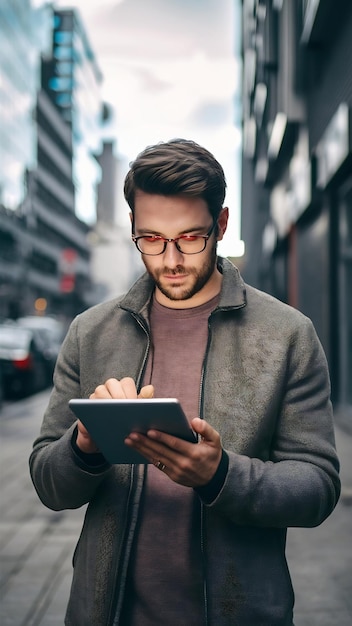 Man outside and browsing on business tablet email and news update in city for social networking o