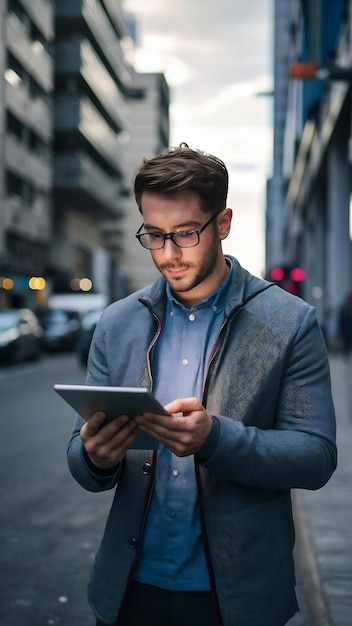 Man outside and browsing on business tablet email and news update in city for social networking o