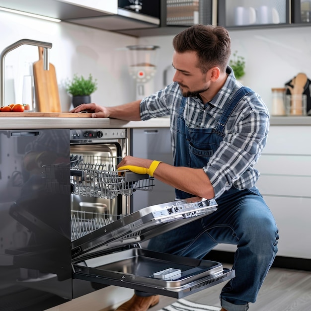 Photo a man in overalls is cleaning a dishwasher