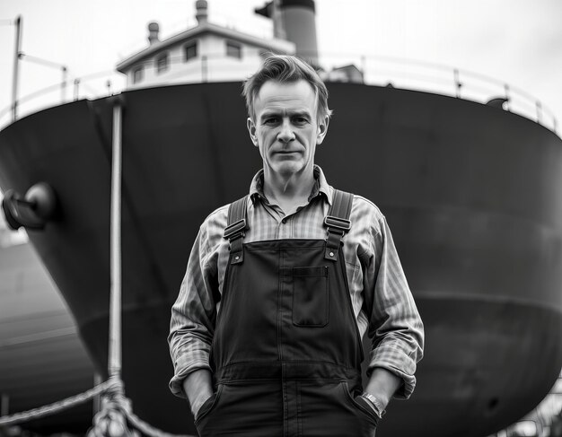 Photo a man in overalls stands in front of a large ship