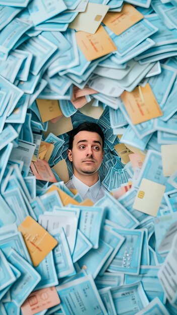 Photo man overwhelmed by stack of documents paperwork overload businessman buried in papers office stress workload anxiety