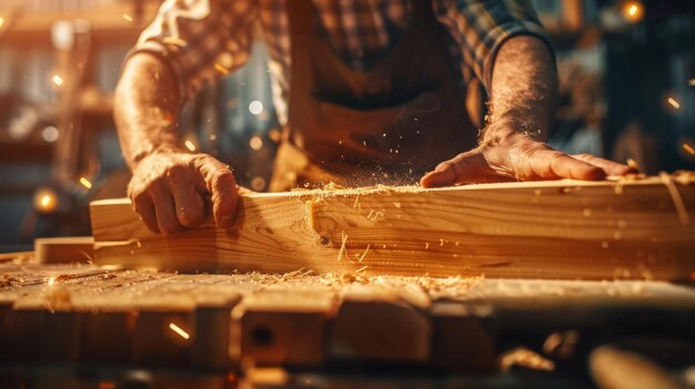 man owner a small furniture business is preparing wood for production carpenter male is adjust wood