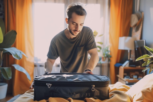 Photo man packing suitcase in cozy bedroom preparing for travel adventure