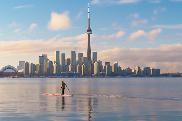 a man paddles a kayak in front of a city skyline