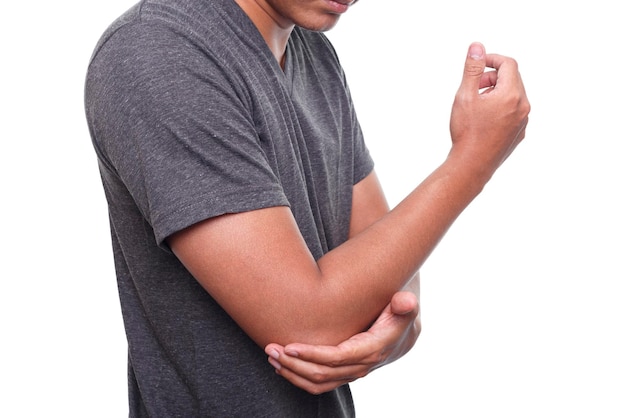 Photo man pain in the elbow isolated on white background