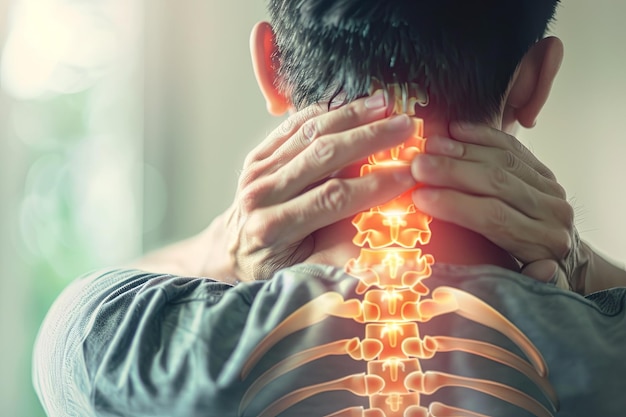 Man in pain holding his neck due to stiff Human body