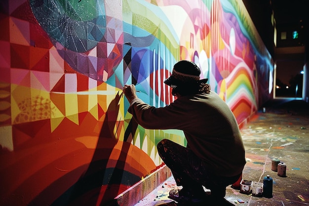 Photo a man painting a colorful wall with a rainbow painting