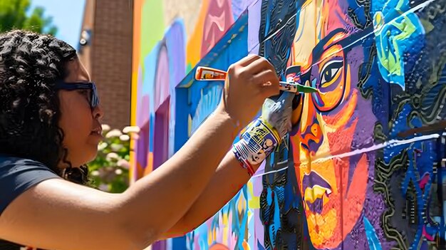 a man painting a face on a wall with a mural of a face