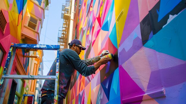 a man painting a wall with a colorful design on it