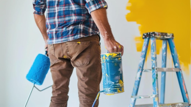 Photo man painting a wall with a roller and paint can