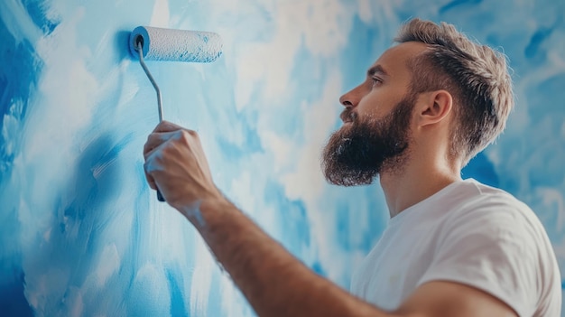 Photo man painting a wall with a roller