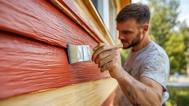 Man Painting a Wooden House Wall with a Brush