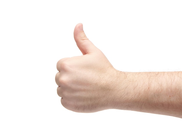 Man palm shows thumb up gesture Brutal man hand isolated on white background Like gesture Finger gestures