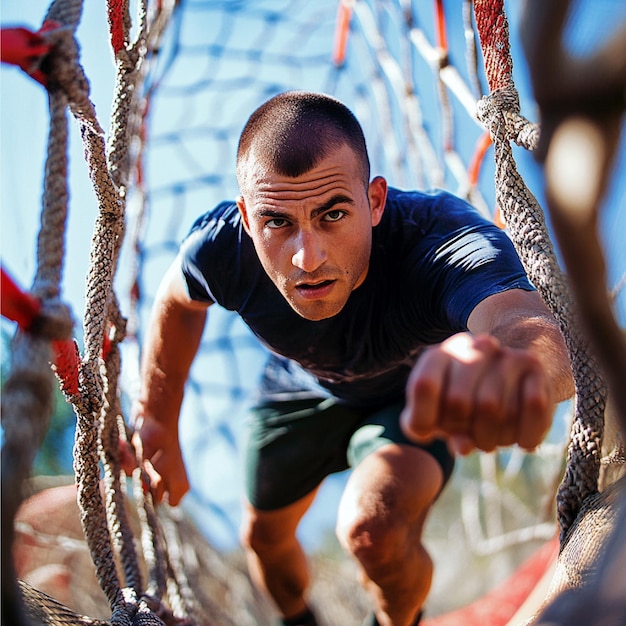 Photo a man participating in an endurancefocused obstacle course with various physical challenges