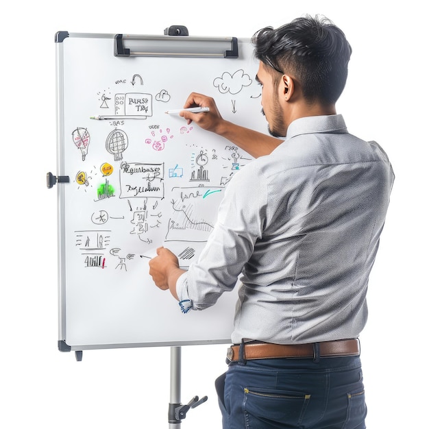 Photo a man participating in an ideation session and sketching ideas on a whiteboard to solve a business challenge isolated on white background