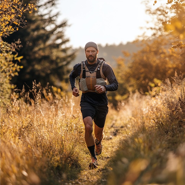 Photo a man participating in an outdoor trail run with varied terrain and a focus on cardiovascular endura