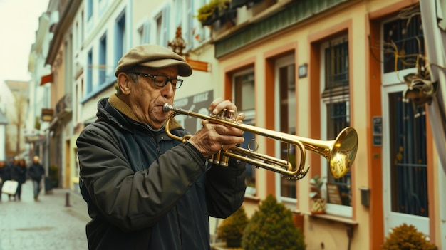 A man passionately plays a trumpet in a charming street creating an atmosphere of culture and musical expression