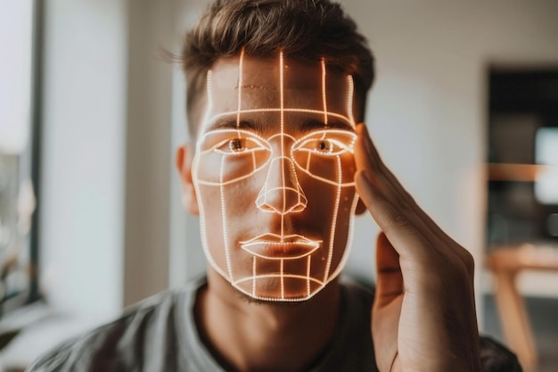 A man passionately raises a glowing mask to his face embodying a mystical and transformative ritual