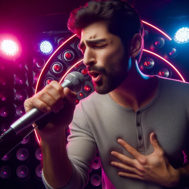 man passionately singing into a microphone illuminated by neon stage lights at a concert or karaoke