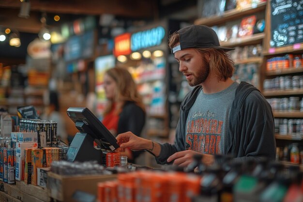 Photo man paying at cash register in a store