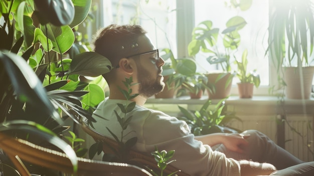 Photo a man peacefully relaxes surrounded by lush indoor plants bathed in soft natural light streaming through the window