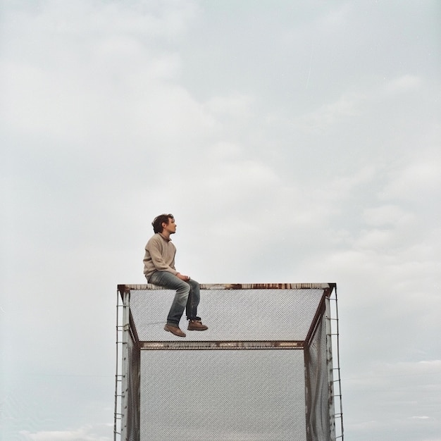 Photo a man perched atop a fenced area showcasing a unique vantage point