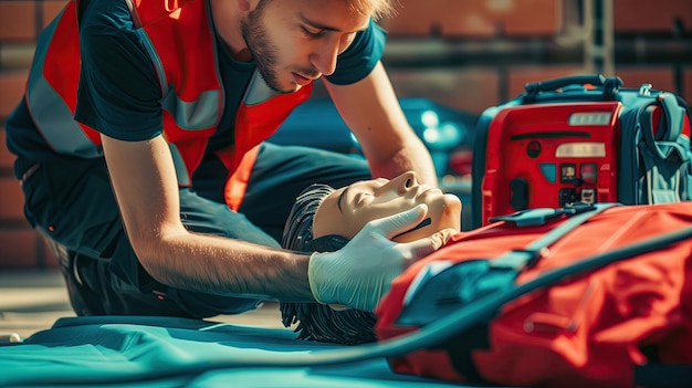 Photo man performing cardiopulmonary resuscitation cpr on a mannequin