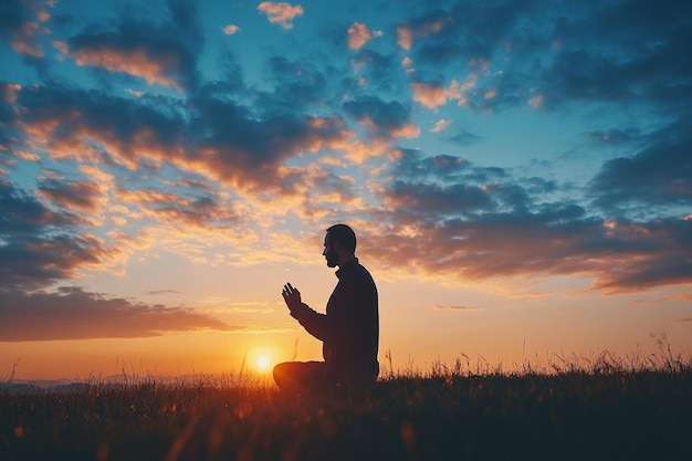 Photo man performing dhikr at sunrise in a serene landscape