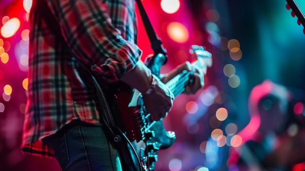 Photo man performing guitar at mic