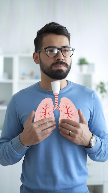 Photo man performing pulmonary function test and spirometry using spirometer at medical clinic spirometry