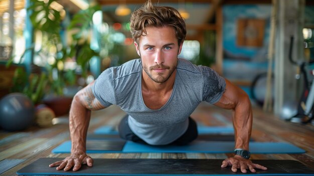 Man Performing Push Ups on Yoga Mat