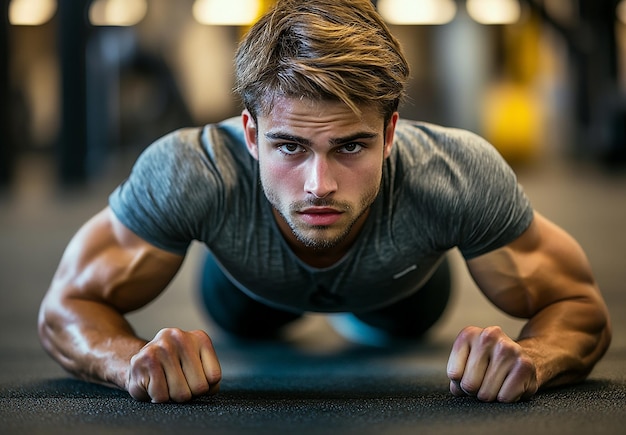 Photo man performing pushups on a mat in the gym