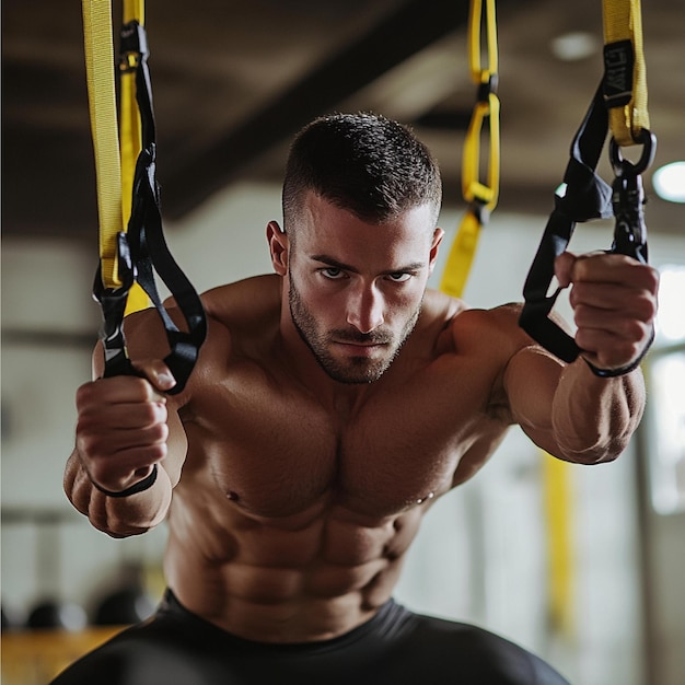 Photo a man performing trx exercises in a hiit format focusing on bodyweight resistance