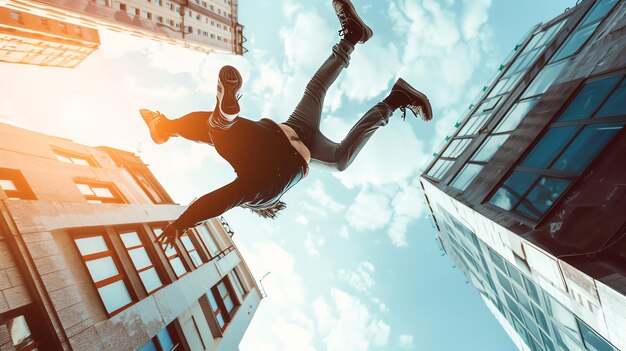 A man performs a parkour move in the city leaping between buildings