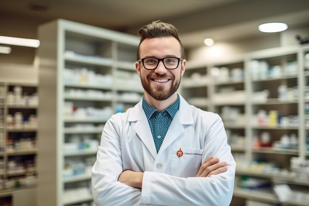 A man in a pharmacy with his arms crossed stands in front of shelves of medicines.