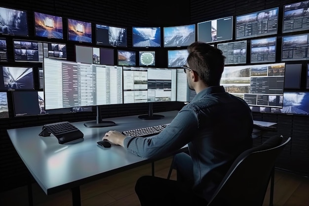 Man photo video maker editor works behind multiple monitors