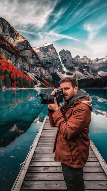 Man photographing lake in Alps in fall