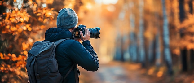 Man Photographing Nature with a DSLR Camera in a Scenic Outdoor Setting