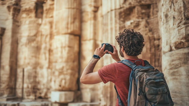 Photo a man photographs ancient ruins with a camera