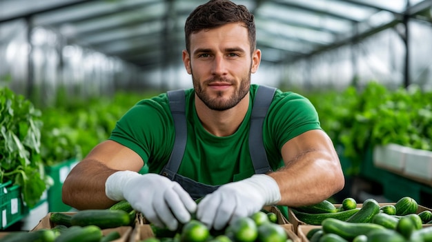 Man Picking Cucumbers in Greenhouse