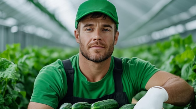 Photo man picking cucumbers in greenhouse