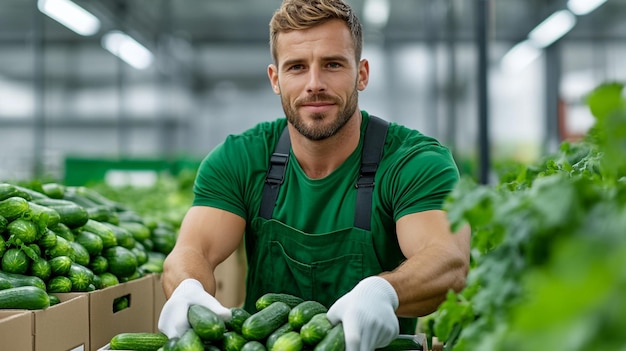 Man Picking Cucumbers in Greenhouse